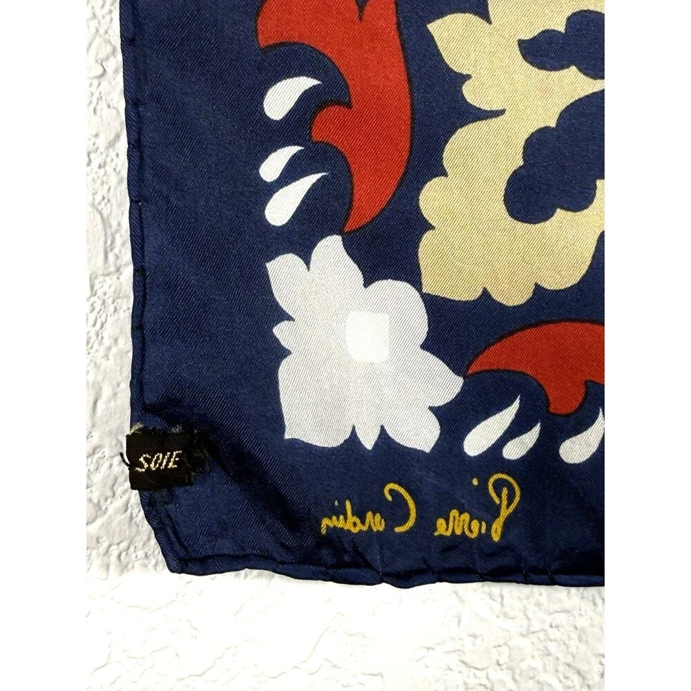 Vintage Pierre Cardin 100% Silk Scarf 14” Navy Red Gold Baroque Floral Mod Boho